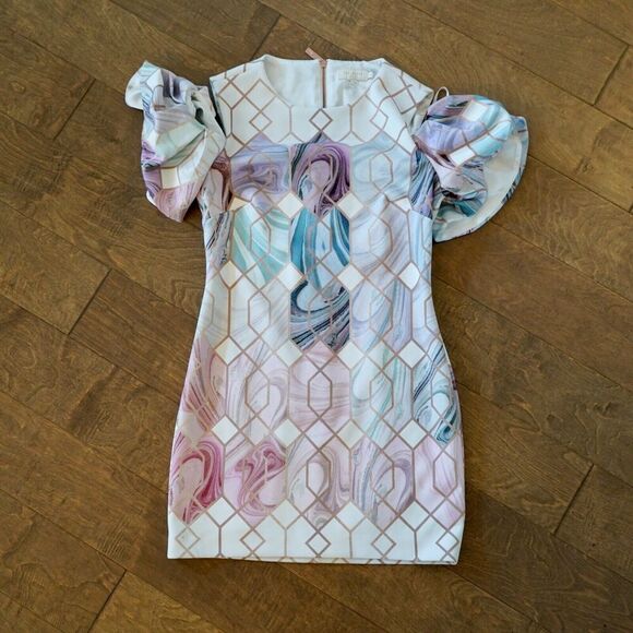 Ted Baker Krimba Sea Of Clouds Pencil Dress Cold Shoulder Multicolor Size 3 US 8 - Picture 2 of 8